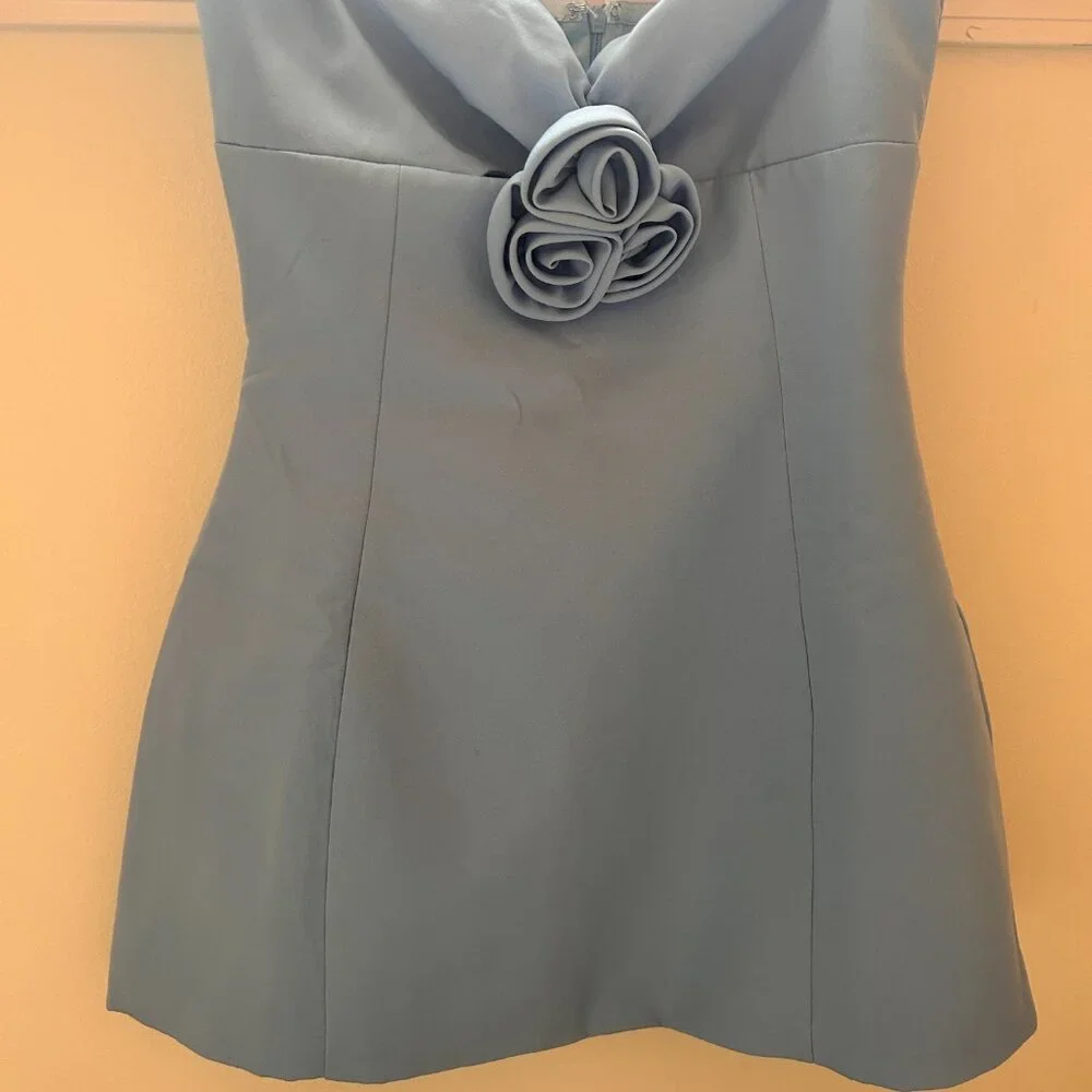 Showpo. Odelle Mini Dress - Tulip Hem Cut Out 3D Floral Dress in Blue - Picture 7 of 9